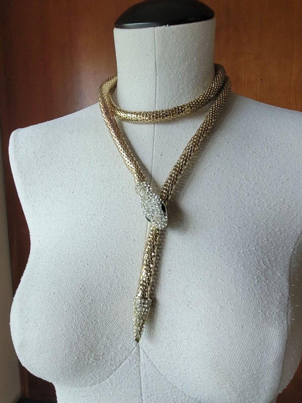Gold Tone Snake Necklace Flexible Mesh Rhinestone Adjustable Wrap Choker
